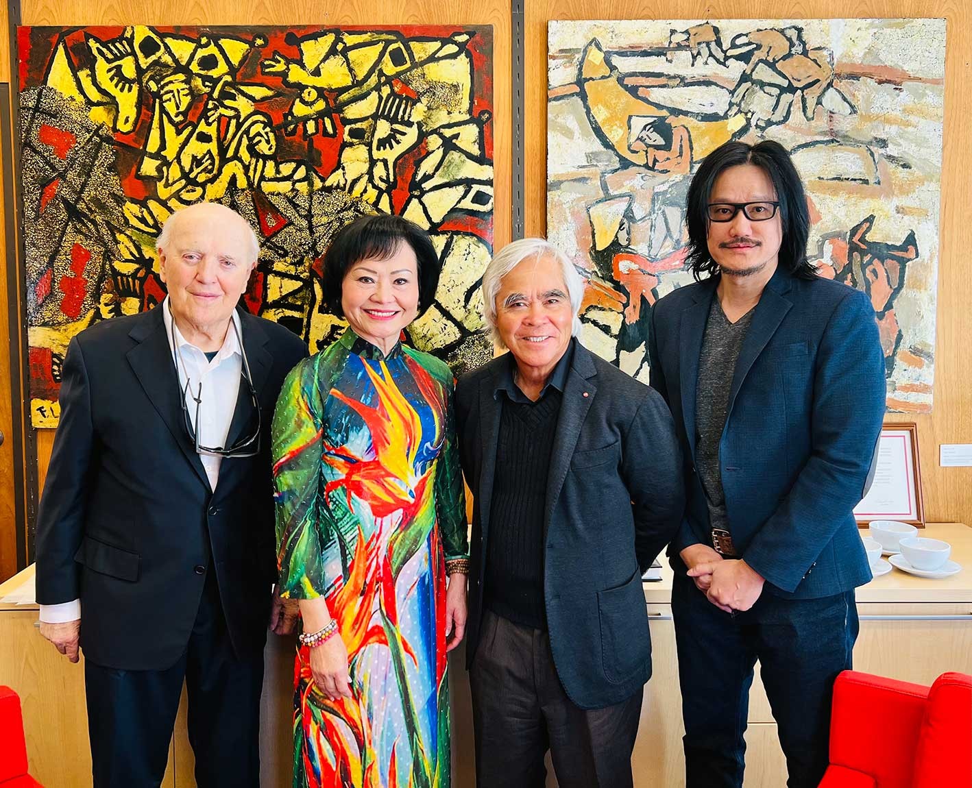 L-R: Peter Arnett, Kim Phuc, Nick Ut, and Tony Bui at the Weatherhead East Asian Institute, Columbia University, on Mar. 29, 2024. L-R: Peter Arnett, Kim Phuc, Nick Ut, and Tony Bui at the Weatherhead East Asian Institute, Columbia University, on Mar. 29, 2024