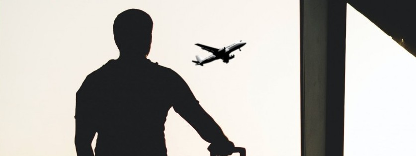 Silhouetted man with suitcase looking at departing plane.