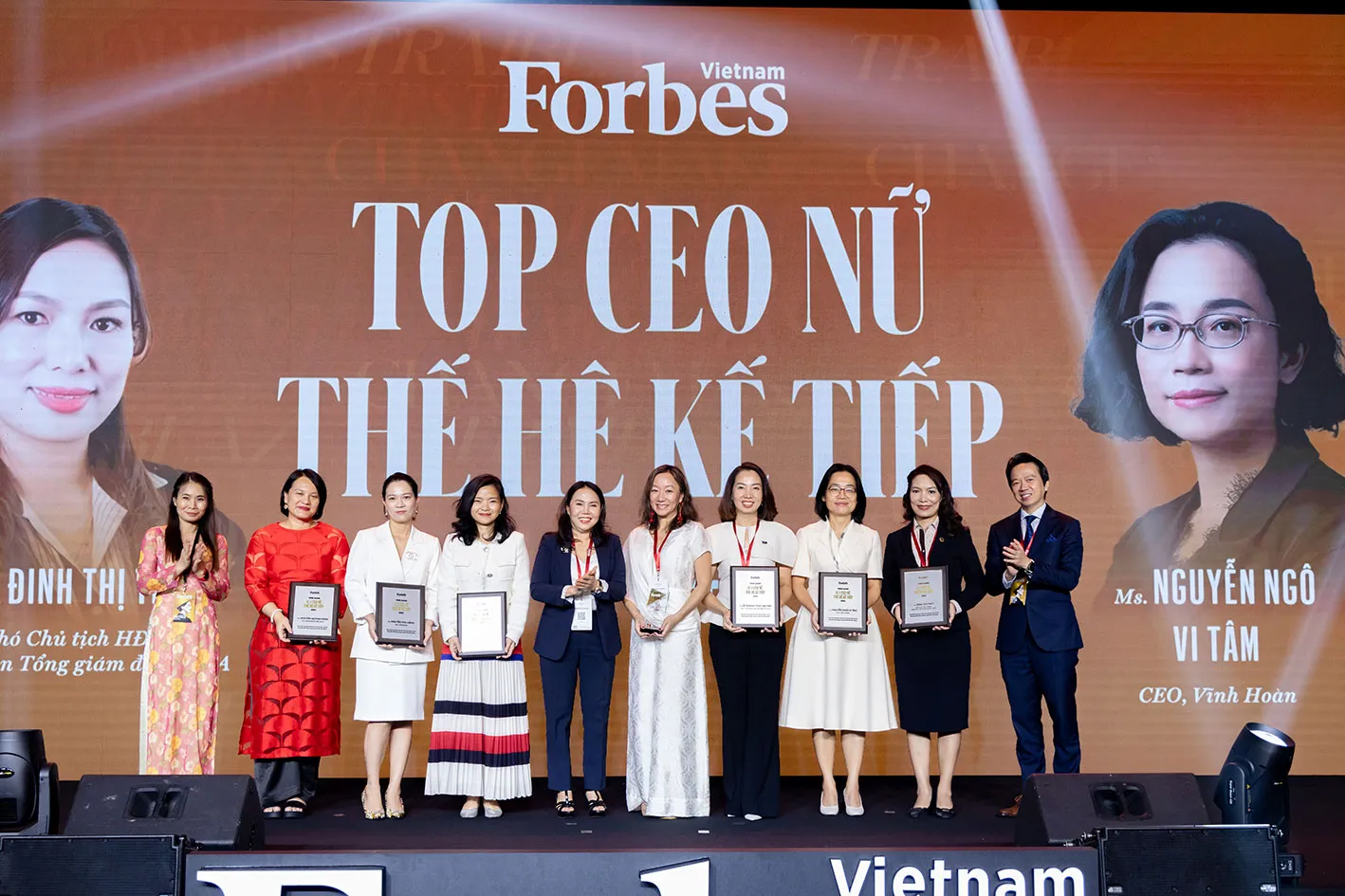 WEAI Director Lien-Hang Nguyen (center) onstage with fellow honorees at the Forbes Vietnam Women's Summit on Nov. 7, 2024 (photo courtesy Forbes Vietnam)