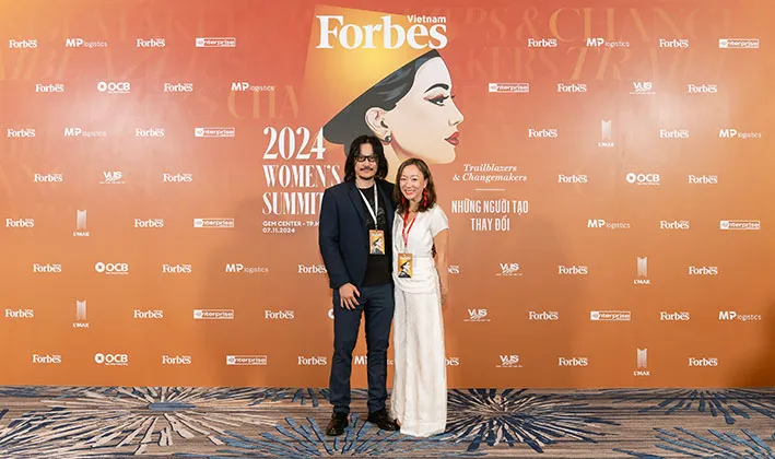 WEAI Artist in Residence Tony Bui and WEAI Director Lien-Hang Nguyen at the Forbes Vietnam Women's Summit in Ho Chi Minh City on Nov. 7, 2024 (photo courtesy Forbes Vietnam)