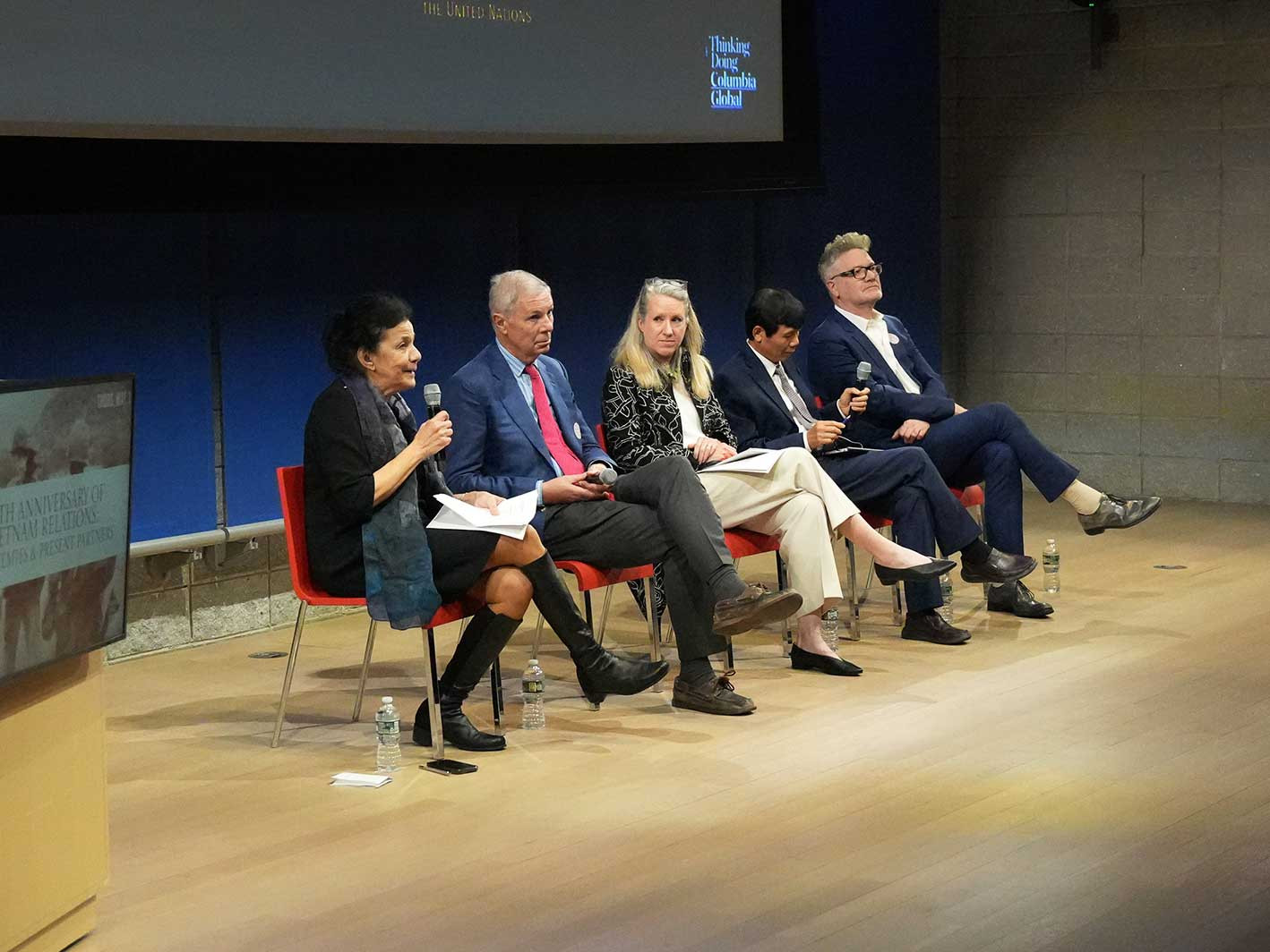 L to R: Columbia Global EVP Wafaa El-Sadr, Jean-Marie Guehenno, Paige Arthur, Amb. Dang Dinh Quy, and Adam Tooze on May 1. L to R: Wafaa El-Sadr, Jean-Marie Guehenno, Paige Arthur, Amb. Dang Dinh Quy, and Adam Tooze
