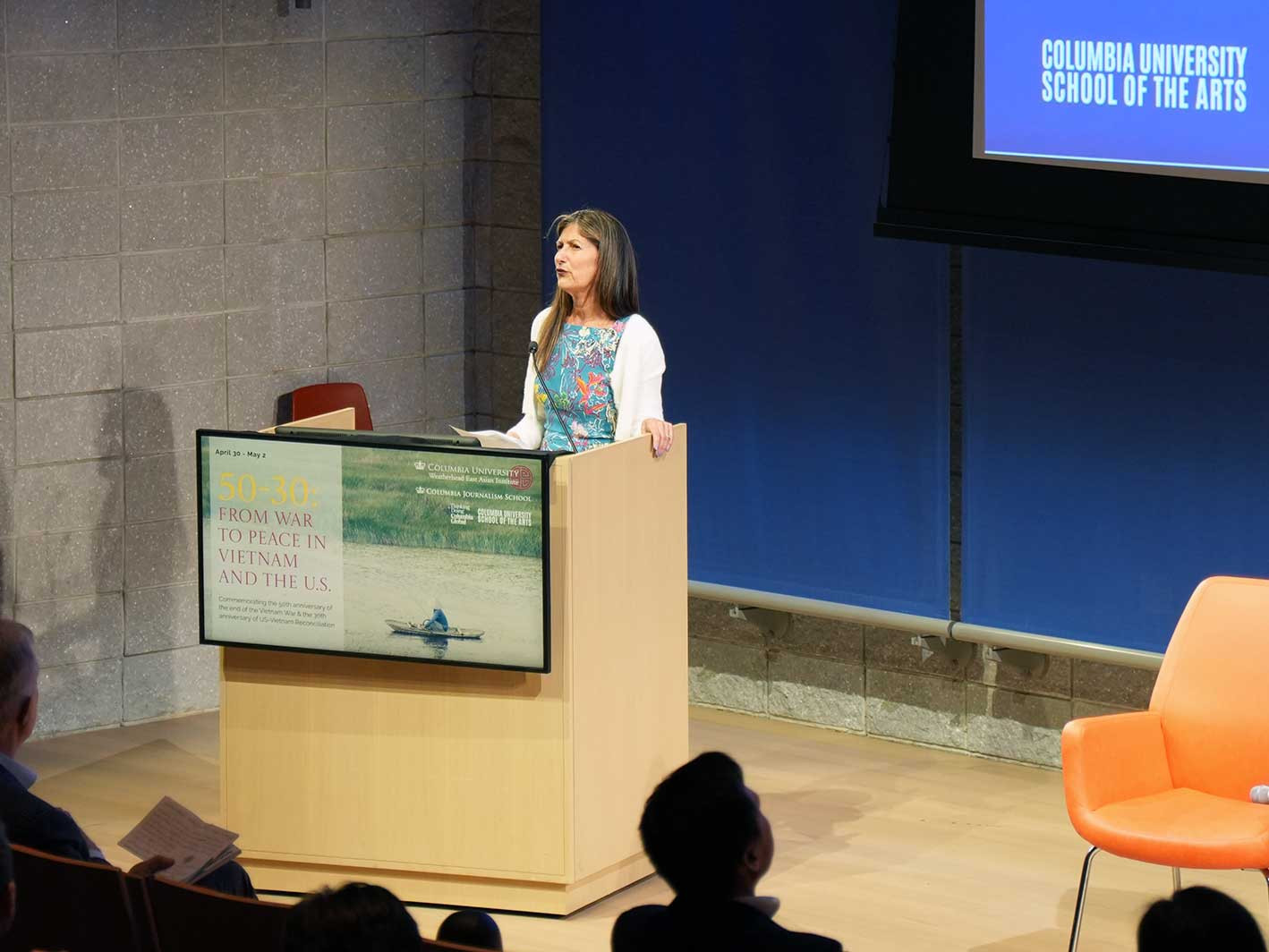 Dean of the School of the Arts Sarah Cole introduced "War, Cinema, and Conscience" on May 2. Dean of the School of the Arts Sarah Cole on May 2