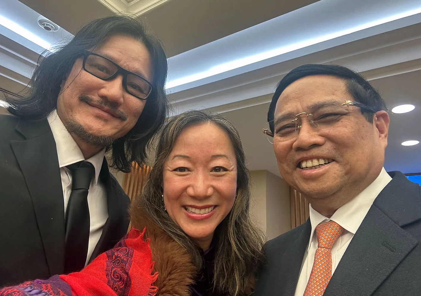 WEAI Artist in Residence Tony Bui, WEAI Director Lien-Hang Nguyen, and Vietnamese Prime Minister Pham Minh Chinh in Hanoi on January 7, 2025
