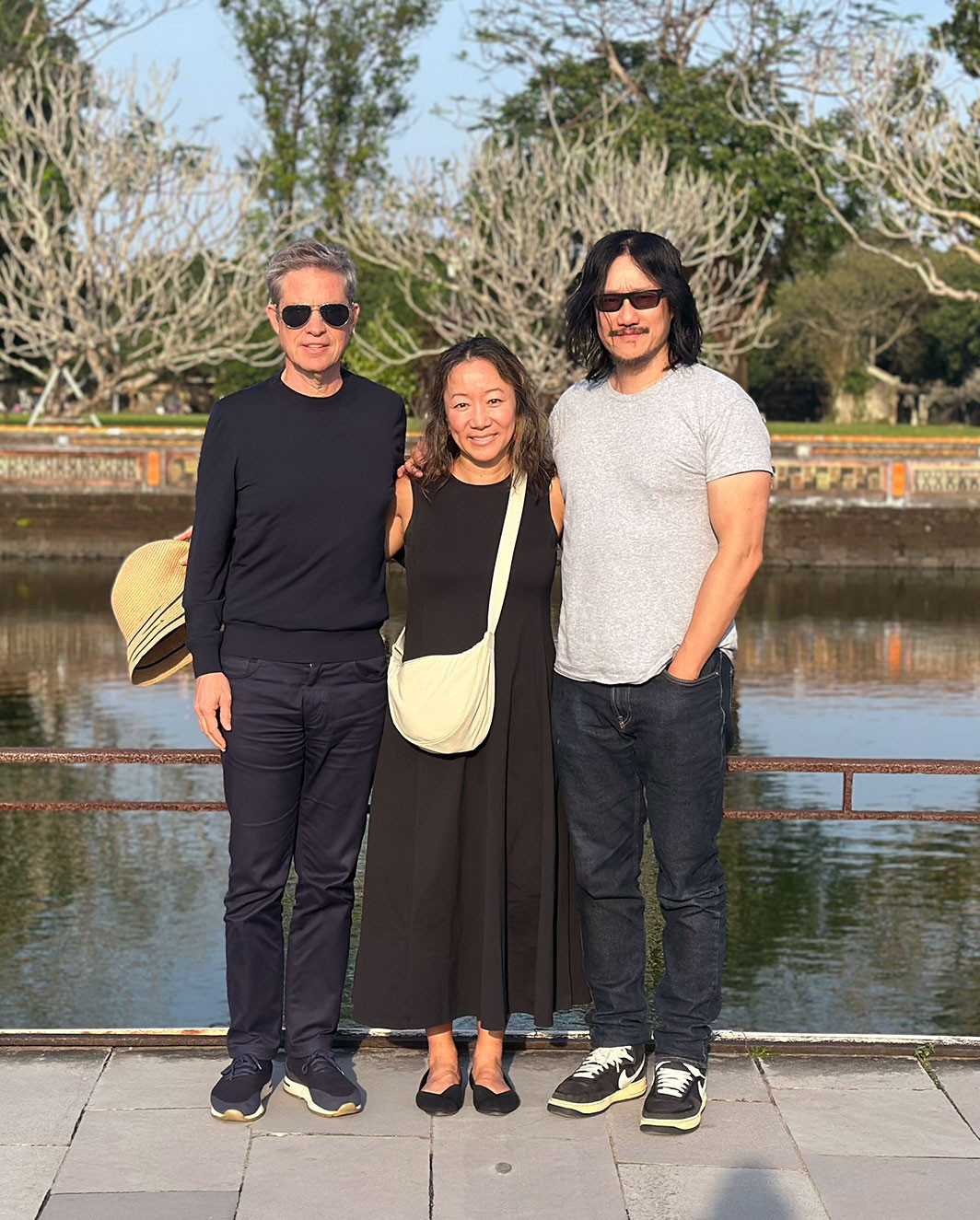 Philanthropist Nicolas Berggruen, WEAI Director Lien-Hang T. Nguyen, and WEAI Artist in Residence Tony Bui inside the Imperial City in Hue in January 2025