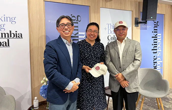 Speakers Xiaobo Lü, Po Yang, and Jing Zhang at the Columbia Global Center Beijing on Aug. 12, 2026
