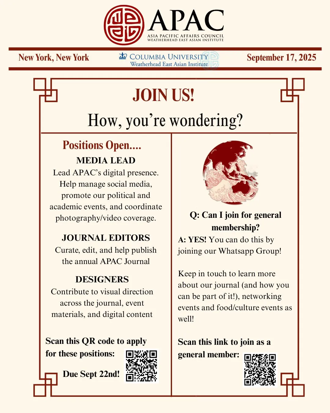 "Join us!" — APAC recruiting flyer, 9/25