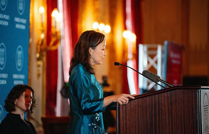Columbia University Professor Lien-Hang Nguyen speaking at The Metropolitan Club on Sept. 22, 2026 (Columbia Dean Amy Hungerford seated, rear). (Grace Wu/Foreign Policy Association)