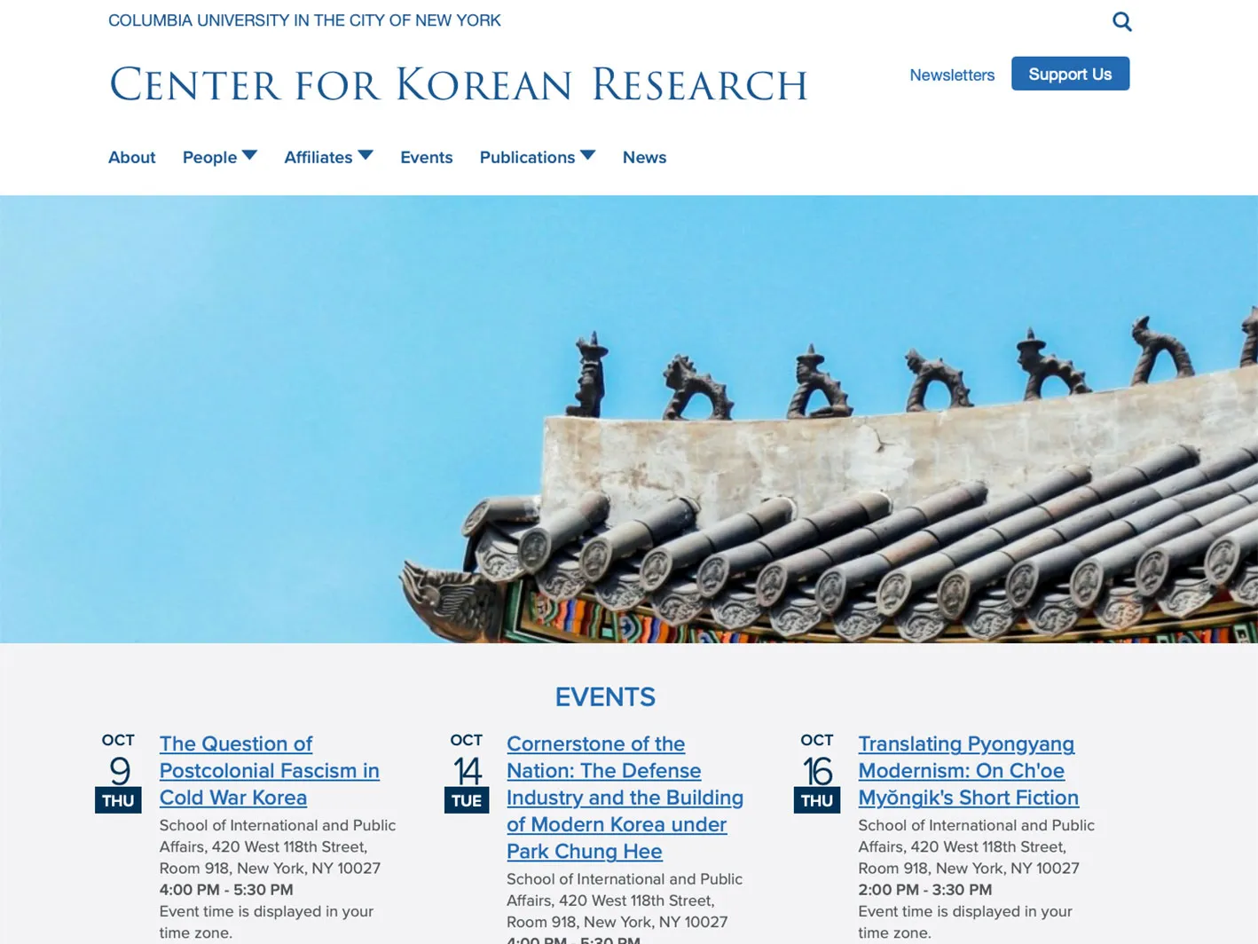 Homepage of the redesigned Center for Korean Research website (https://ckr.weai.columbia.edu/)