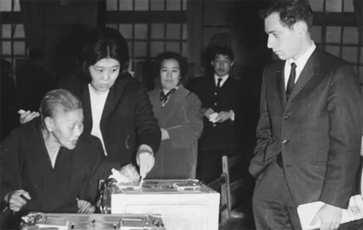 Gerald R. Curtis observing voters in in Beppu, Japan, in 1967