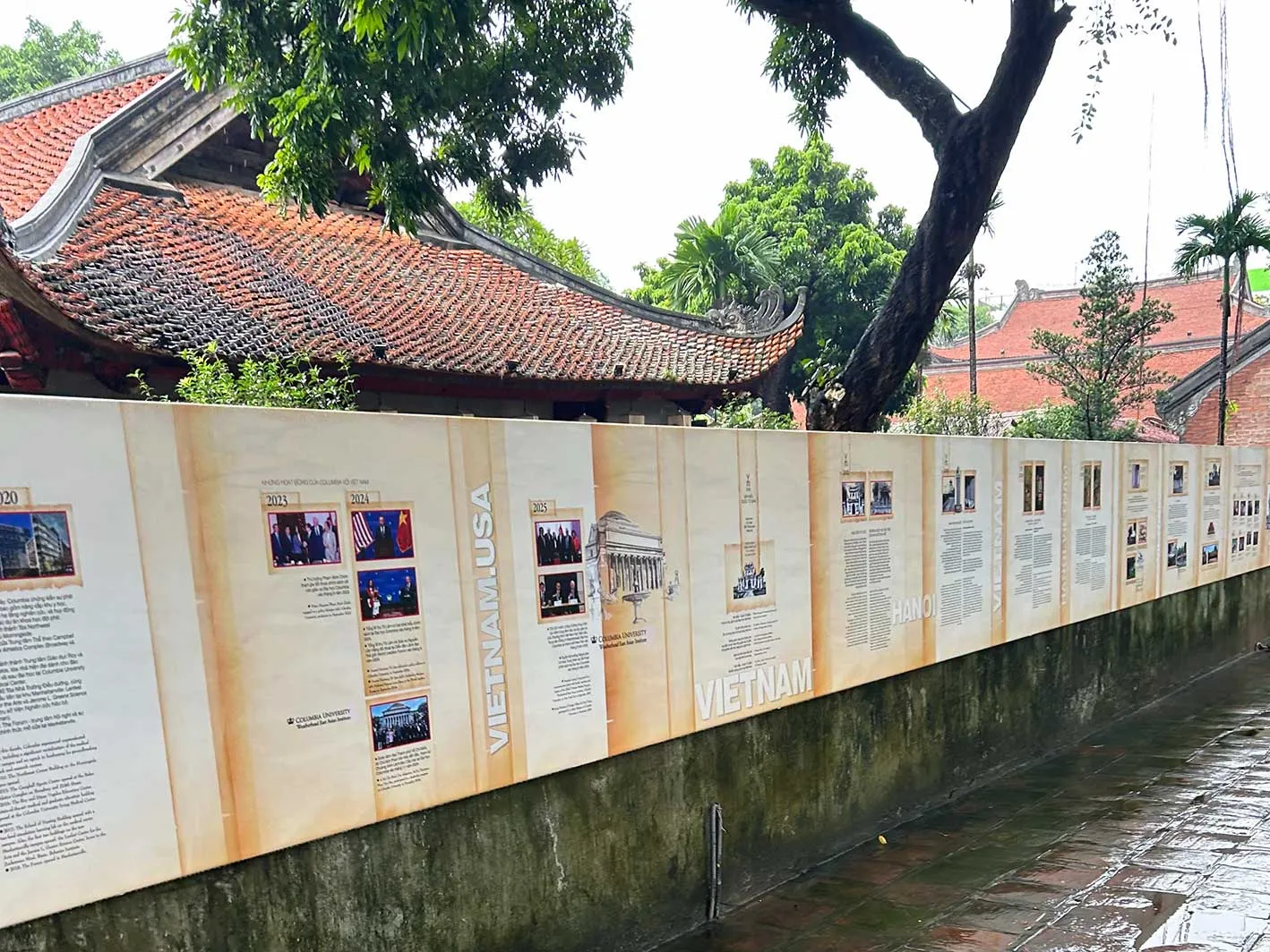 Informational panels about Columbia University and the Global Vietnam Studies Program on display outside the Temple of Literature–Quốc Tử Giám in Hanoi on Nov. 3, 2025