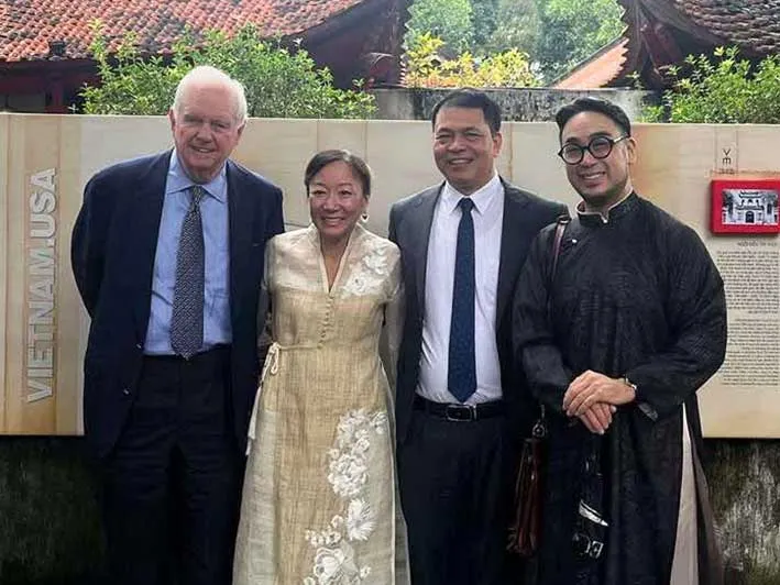 L to R: WEAI Senior Advisor for Vietnam Thomas J. Vallely; WEAI Director Lien-Hang T. Nguyen; Dr. Lê Xuân Kiêu, director of Van Mieu Quốc Tử Giám; and Columbia Professor John Phan at the Temple of Literature–Quốc Tử Giám in Hanoi on Nov. 3, 2025