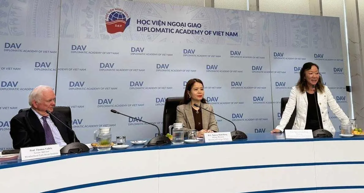 L to R: Thomas J. Vallely; Nguyen Minh Hang, Deputy Foreign Minister of Vietnam; Lien-Hang T. Nguyen at the Diplomatic Academy of Vietnam in Ho Chi Minh City on November 4, 2025
